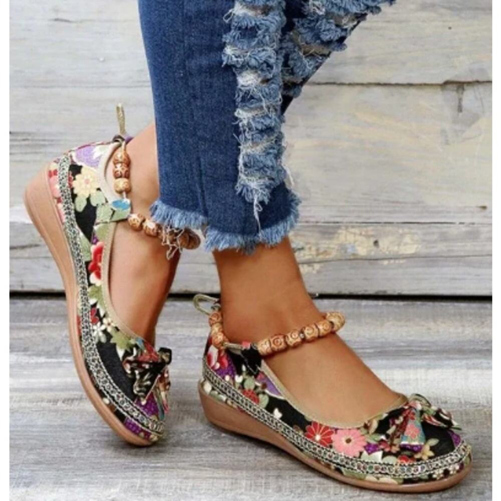 Rosy Multicolor Floral Print Ankle Beads Ballet Flats 10